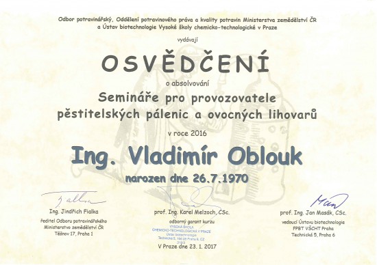 Osvědčení - Ing. Vladimír Oblouk